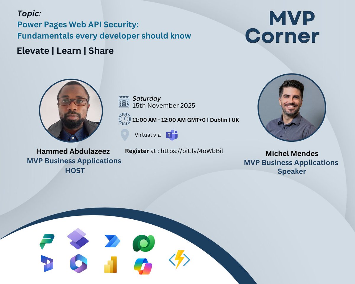 hammedabdulaz's tweet image. Are you using custom JavaScript in Power Pages to interact with the Web API? 
Join us for a practical session where we break down the core security principles every Power Pages developer should master.

Registration: bit.ly/4oWbBil

#powerpages #powerapps #webapi
