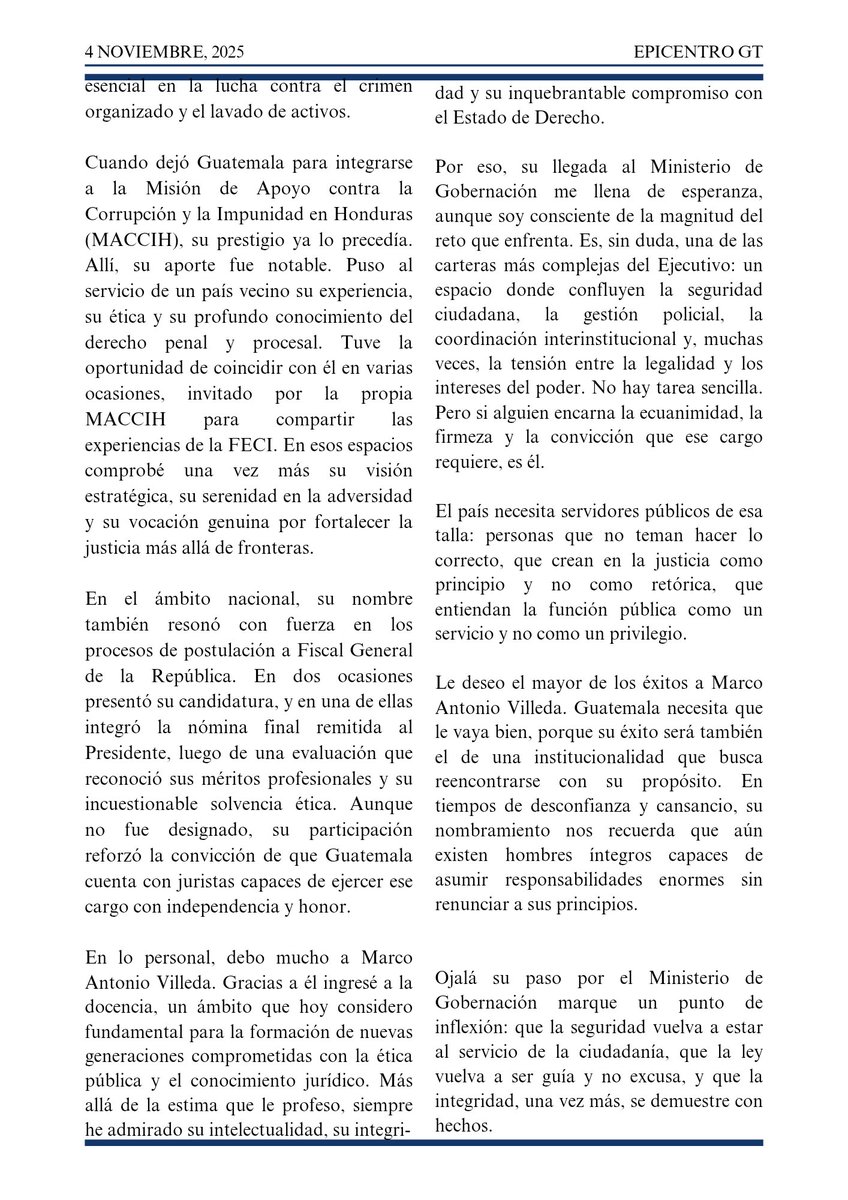 EpicentroGuate's tweet photo. #OpiniónEpicentro @JSandoval1982: En un contexto en el que el ejercicio del poder público suele despertar más sospechas que esperanzas, la designación de Marco Villeda como ministro del @mingobguate constituye una de las decisiones más acertadas del Presidente @BArevalodeLeon. https://t.co/3wsLrNPfxh