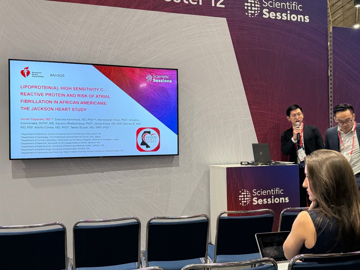 HirotoYagasaki's tweet photo. Just finished my presentation at AHA: Lp(a) × hsCRP × AF using #JacksonHeartStudy data. Immensely grateful to my mentor @TakekiSuzuki and our team for the guidance and support. Great discussion—very helpful for next steps.
#AHA25 https://t.co/snwVNT0EZb