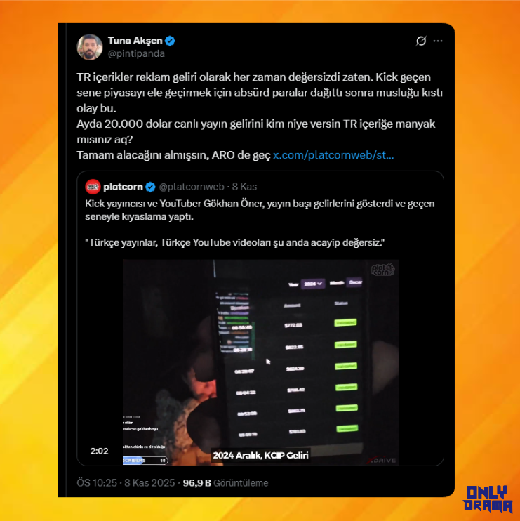 PintiPanda, Kick Türkiye'deki gelir dağılımı hakkında konuştu.

“TR içerikler reklam geliri olarak her zaman değersizdi zaten. Kick geçen sene piyasayı ele geçirmek için absürd paralar dağıttı sonra musluğu kıstı olay bu.
Ayda 20.000 dolar canlı yayın gelirini kim niye versin TR
