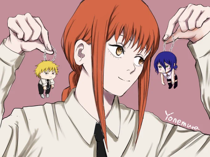 かわいいキーホルダーを手に入れてご満悦のマキマさん 楽しい雰囲気で描いたつもりですが、ずっと見てるとなんか怖いかも 色々参考にして描かせてもらいました手は自分の手を見ながら #チェンソーマン #模写イラスト #マキマ #デンジ #レゼ