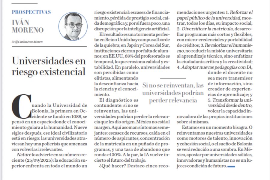 Es la "tormenta perfecta" (IA, escasez, desconfianza), la universidad debe reinventarse o arriesgarse a perder relevancia      
No es momento de reducir el humanismo, sino de impulsarlo
Su papel es crear las mejores experiencias de aprendizaje, lo que implica: Transformación