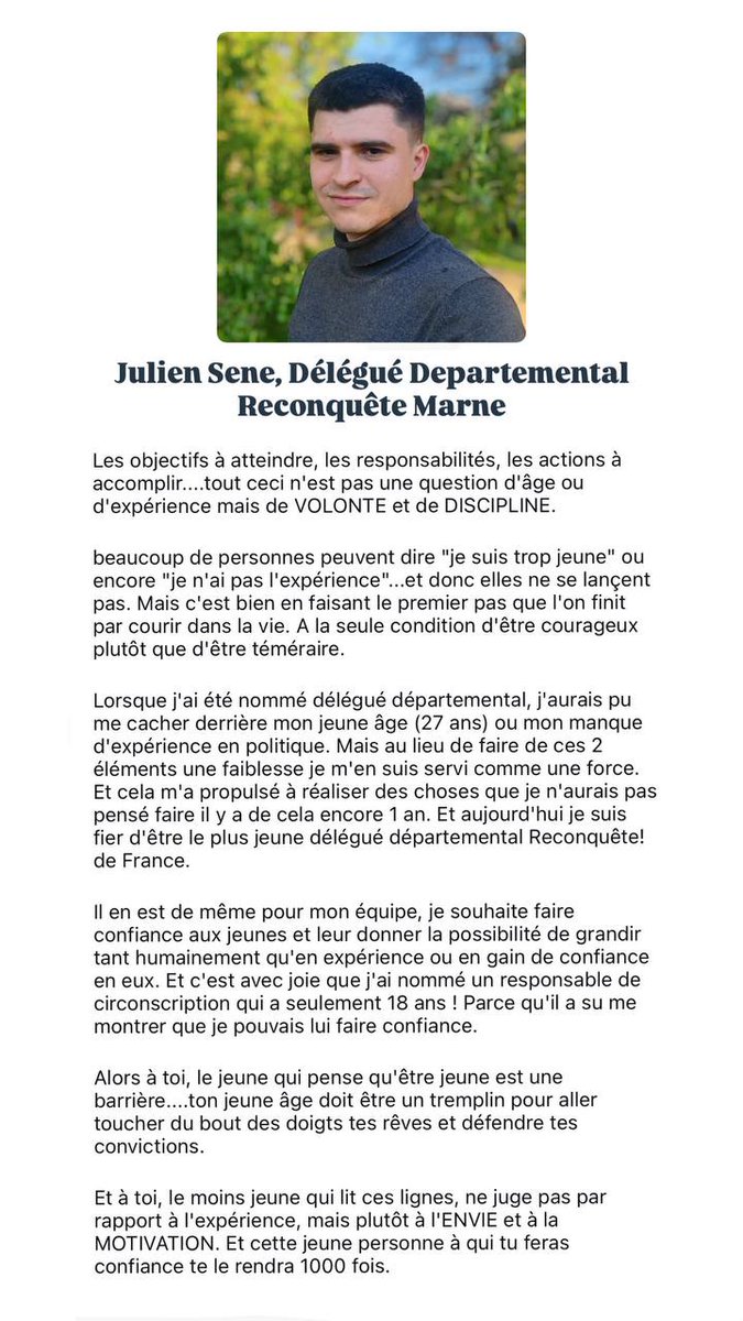 Chez <a href="/Reconquete_off/">RECONQUÊTE !</a>, il y a certes <a href="/ZemmourEric/">Eric Zemmour</a>, <a href="/knafo_sarah/">Sarah Knafo</a>, <a href="/HilaireBouye/">Hilaire Bouyé</a> ou <a href="/JeanMessiha/">Jean MESSIHA</a> mais aussi des dizaines de milliers d'adhérents et des cadres dont on va entendre parler. C'est le cas de <a href="/JulienSene51/">Julien SENE</a>, délégué départemental de la Marne. N'hésitez pas à le suivre !