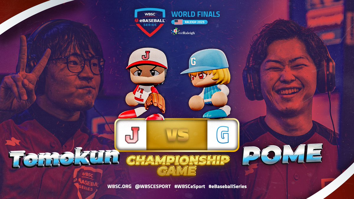 WBSC's tweet photo. 🏆 Championship Game — Tomokun vs POME ! ⚾🎮
Who will rise as the WBSC eBaseball™ Series 2025 World Champion !? 👑🔥
📺 https://t.co/YmR0veiu64
#WBSCeSport | #eBaseballSeries || @KONAMI | @USABaseball | @NCState | @visitRaleigh | @raleighncsports https://t.co/ZE613bjYDZ