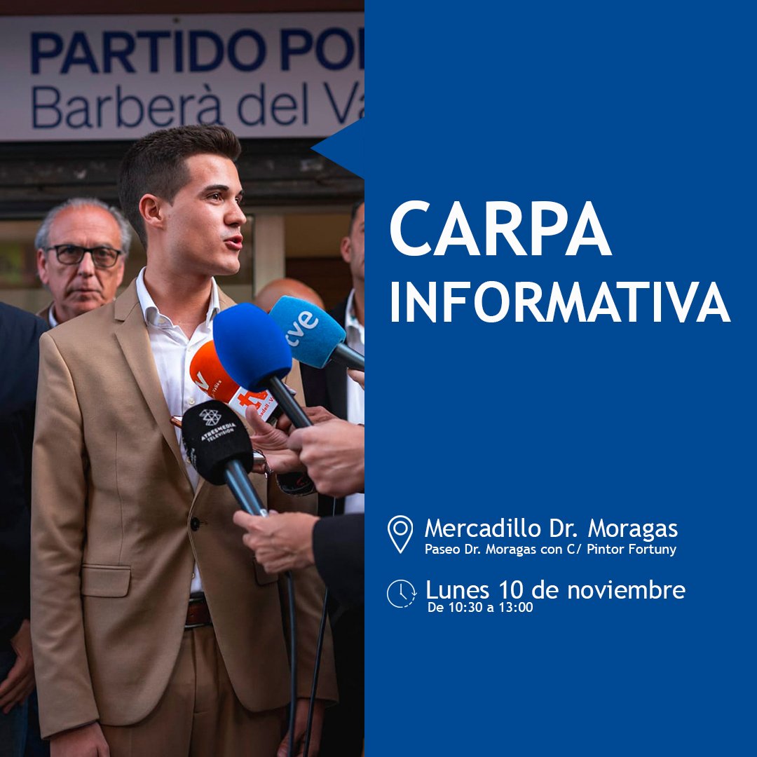 ¡Seguimos en la calle, escuchando a los vecinos!
Este lunes 10 de noviembre montamos nuestra carpa informativa en el Mercadillo Dr. Moragas, de 10:30 a 13:00.
Ven a conocernos, a contarnos tus ideas y a seguir construyendo juntos el futuro de Barberà del Vallès. 💪

#PPBarberà