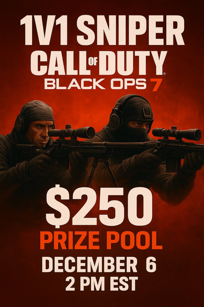 🔴❗BLACKS OPS 7 1v1 TOURNEY❗🔴 
- December 6th 
-2pm EST 
 - 16 PLAYERS MAX ONCE FILLED ITS FILLED
➡️ $250 ⬅️
DM FOR SERVER