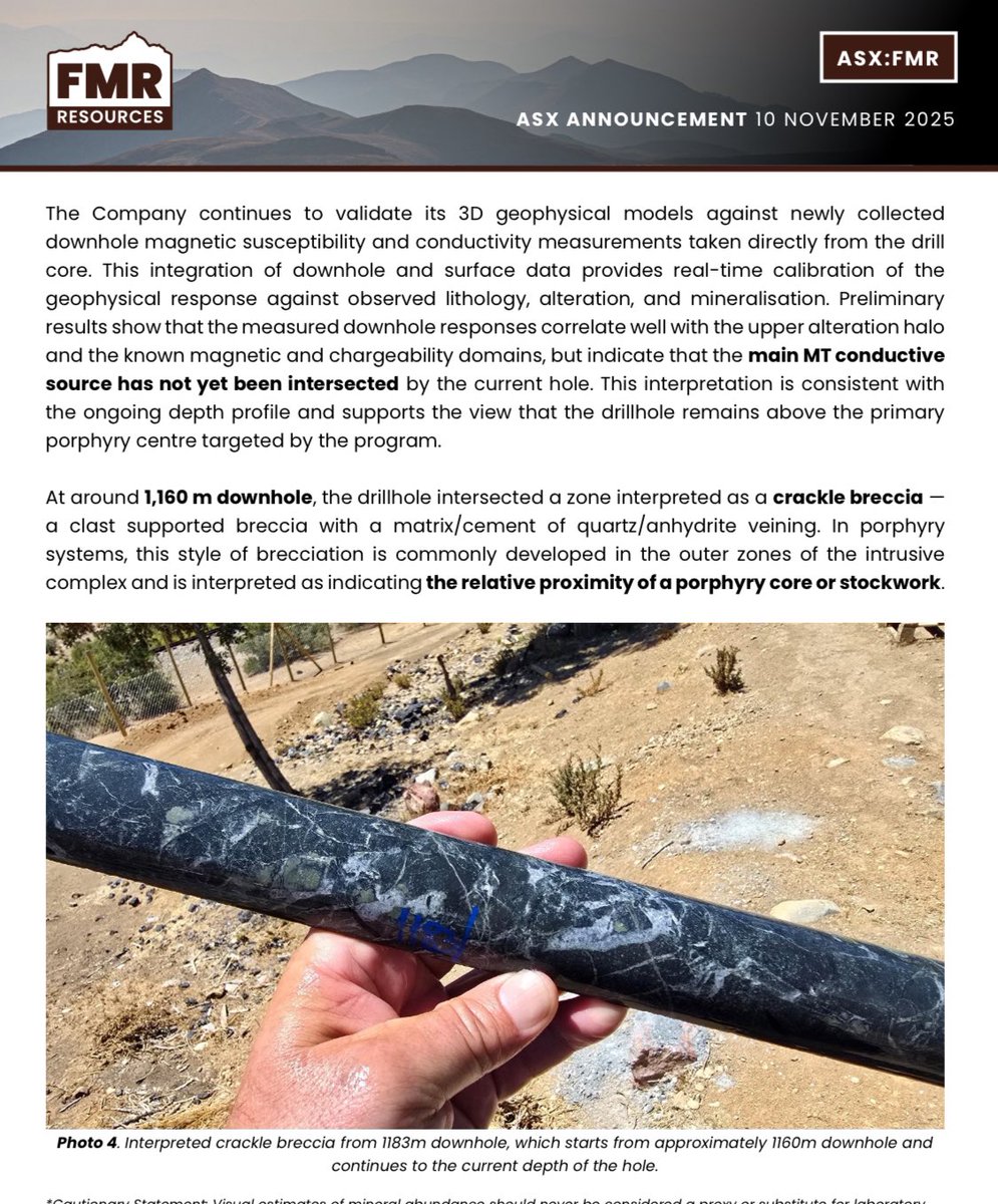 FMR Resources (ASX: $FMR) drilling at the Llahuin Project in Chile has intersected copper-bearing veins &amp; strong potassic–biotite alteration above the main MT target.

Ground conditions remain excellent, and drilling will soon test the main target of the porphyry core.