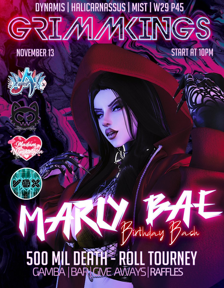 Grimm Kings - Marly Bae's Bday Bash! Nov 13th 10pm-2am EST
  • Void design, venue-wide games • 
500mil Dr Tourney 
+ 500mil in  Giveaways &amp; Prizes 
• Gamba, Gpose Contest,  250Mil  50/50 Raffle!  

DIscord: discord.gg/grimmkings

#GPOSERS  #FFXIV  #FinalFantasyXIV #gposes