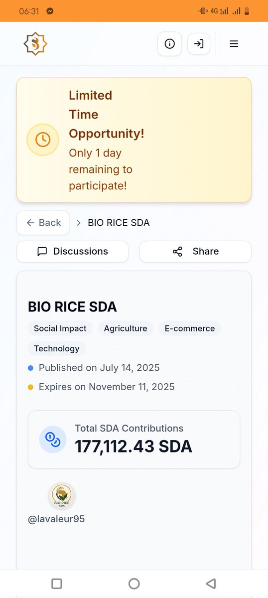 fireflygold09's tweet photo. 🚨 Limited Time Alert! 🚨
Only 1 day left to join the BIO RICE SDA initiative — where Agriculture meets Technology for real Social Impact 🌾💡
💰 Total Contributions: 177,112.43 SDA
⏰ Expires: Nov 11, 2025
🔗 Empower ethical, tech-driven farming today!
#BioRiceSDA #SidraEcosystem #AgriTech #ShariahCompliant #SDAToken #SocialImpact #BlockchainForGood
@lavaleur95
PROJECT LINK:👇👇👇 https://t.co/cmTNCQx3XM
@akbar3par @BaboNestor @IchamLabodja @DrissaT81721759 @AsifAnsari83683 @SidraStartEwave
@AlexisBamo92984 @MaryA6283
@LThi54060639 @BusinessM56569
@mouahmad30
Link télégram.
https://t.co/qtYeuGkcSO….
@sidrachain @BaboNestor
@maljefairi @sidrachain
@Sidrastart @SFMstartups
@Sidraholding @SidraFamily
@Sidra_App
@SidraFamily @mulord92
@Sidraholding @SDA_Coin @SidraAmbassador
@Sidra_App @BigDott_Sidra
@GeexpayOfficiel @qmeexglobal
@sidrainsure @GLNsGlobal
@sauvenyache
@BiORICESDA
@SAHPEOFFICIEL