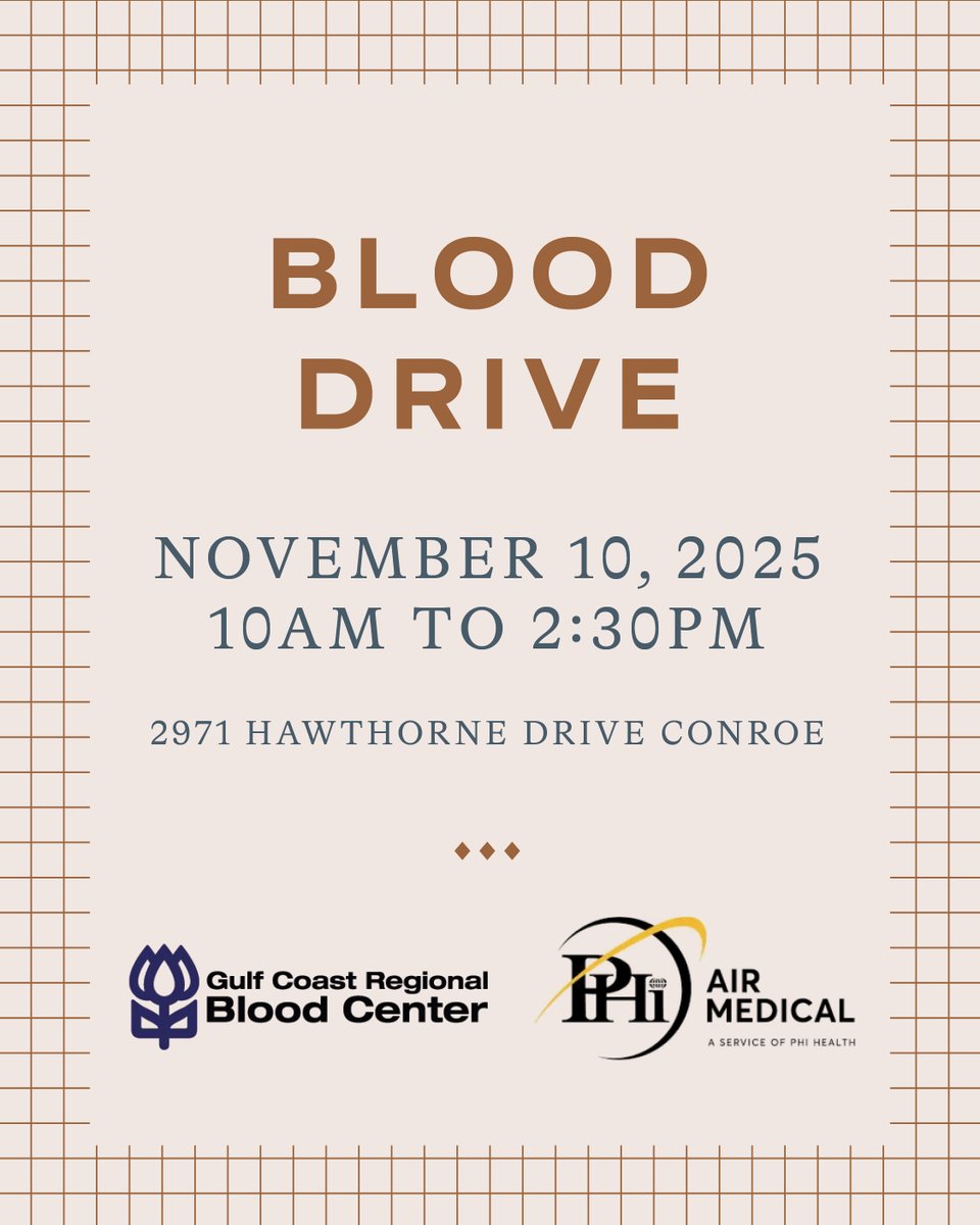 BlackWalnutCafe's tweet image. We’re proud to partner with PHI Air Medical and the @commitforlife to host a Blood Drive:

🗓️ Monday, November 10th, 
⏰ 10 a.m. to 2:30 p.m.
📍 Location: Parking lot of 2971 Hawthorne Drive, Conroe
(Look for the GCB donor bus!)

#GiveBlood #commitforlife #ConroeTX