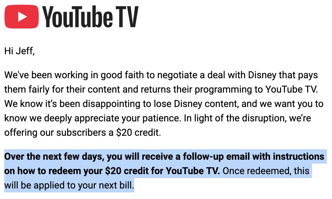 I'm sorry. <a href="/YouTubeTV/">YouTube TV</a>  subscribers need to do the work to redeem the $20 credit for losing <a href="/espn/">ESPN</a> , <a href="/ABC/">ABC News</a>, and <a href="/Disney/">Disney</a> channels?

No. Just no. Why do your customers have to do the work?

Both sides have lost perspective on what's most important.

Media is broken. So broken.