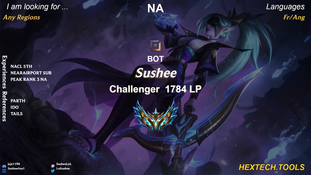 LoSushee's tweet image. FA ADC LFT | Open to any regions
Fr/Ang
Peak rank 1 ADC NA
Peak rank 3, 1784 LP
NACL Split 2: 5th

Learned a lot during my first NACL split and accumulated many match MVP&apos;s. Am ready to achieve greatness with a future team.

Ref: @parthenaan, @idoSpt, @tailsjie
Disc: jeje1194