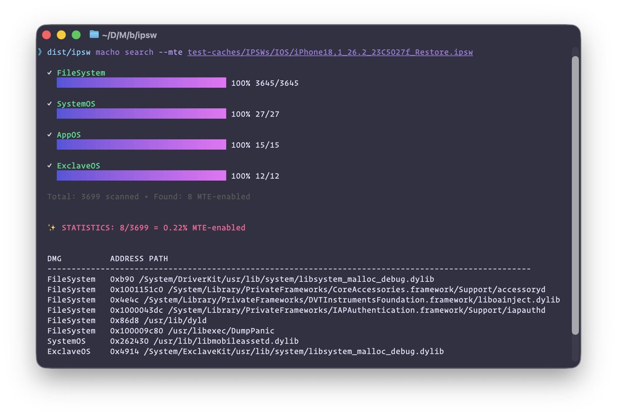 blacktop__'s tweet image. MachOs explicitly using MTE in the 26.2 beta IPSW&apos;s DMGs (not including kernel/coprocessor fws etc)