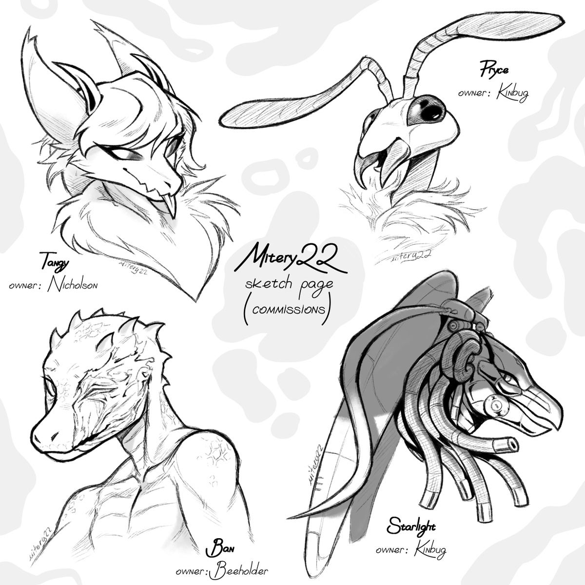 Mitery22's tweet image. Another sketch page!
The commissioners are signed next to their unique characters ^^
I can take more slots! Info below =&amp;gt;