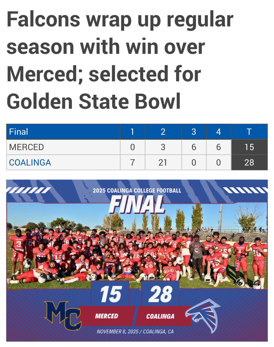 Full article below 👇👇 on our win over Merced…We are headed to the Golden State Bowl 💪🏈 #WinTheDay #FalconFamily 

westhillsfalcons.com/sports/fball/2…