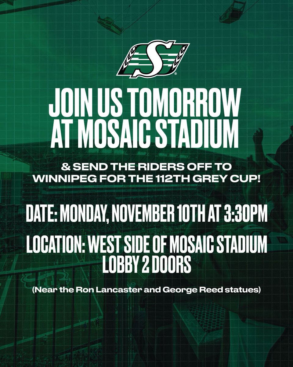 sskroughriders's tweet image. Rider Nation we've done this thing as one all year long!

Join us at Mosaic Stadium tomorrow to send your Riders to the 112th Grey Cup the only way we know how, loud and proud!