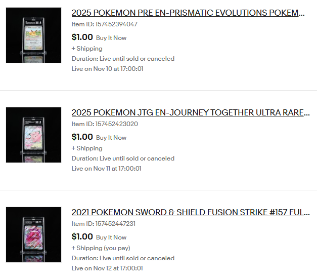 OGDuckDaddy's tweet photo. Couple of small slabs scheduled to go live the next few days.
More in the works for 11/13, 11/14, and 11/15.
11/15 will be something really nice. 👀
Live everyday at: 5:00pm PST / 8:00pm EST
#PokemonTCG #eBay
#TagGrading https://t.co/ZLU418dRx0