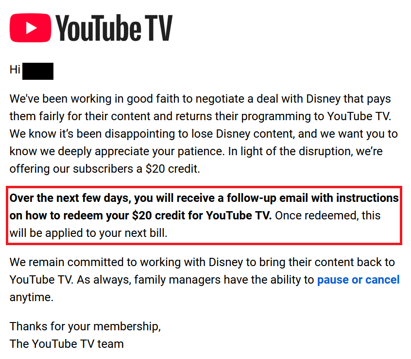 Hey <a href="/YouTubeTV/">YouTube TV</a> - you can't come to an agreement, you offer a credit, but CUSTOMERS have to take steps to redeem?? You know who your customers are. Apply the credit with no action on the customers' part.