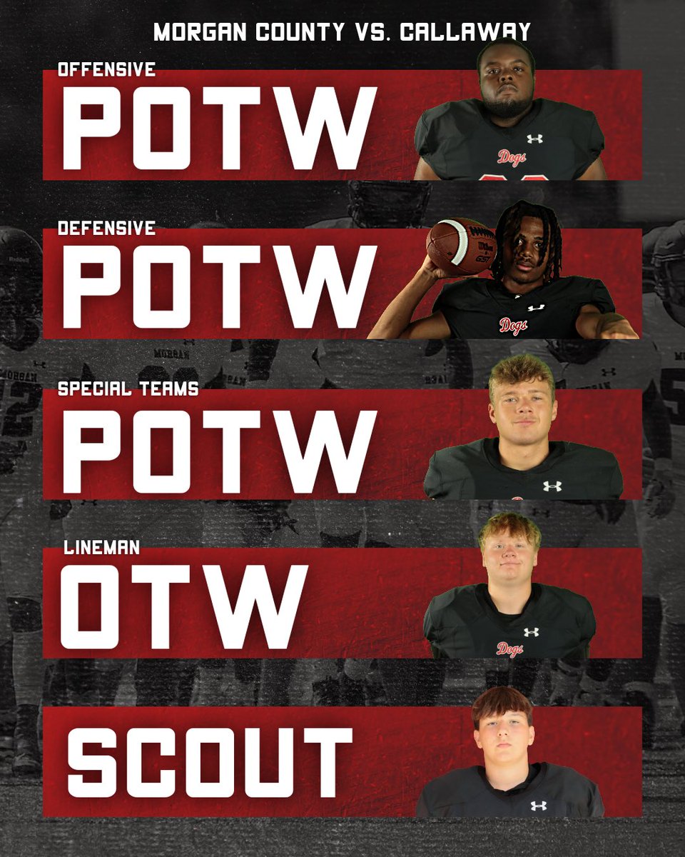 Congrats to our players of the week vs. Callaway! 
<a href="/BrodyJenkins_10/">Brody Jenkins</a> <a href="/JamariMundy/">Jamari Mundy</a> <a href="/owens_makai/">Makai Owens</a> <a href="/CooperPittman2/">Cooper Pittman</a> and Anderson Davis 

<a href="/MocoRecruiting/">Morgan County Football Recruiting</a> <a href="/Coach_CJenkins/">Clint Jenkins</a>