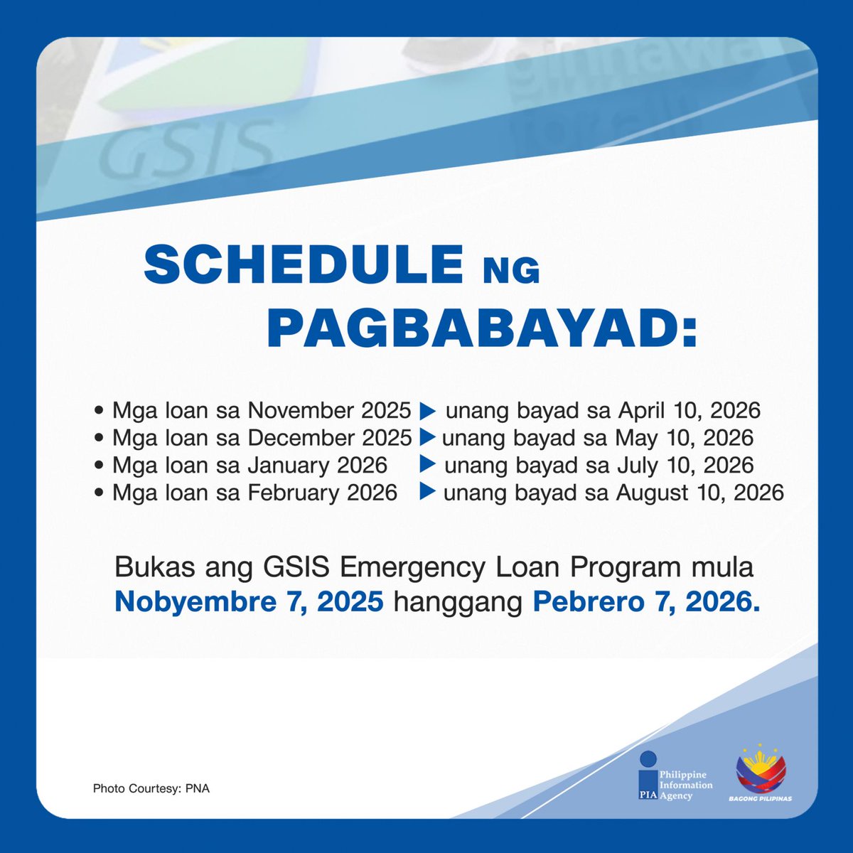 PIADesk's tweet image. 🫂 Tatlong-buwang palugit, handog ng malasakit

Magpapatupad ang GSIS ng 3-buwang palugit sa pagbabayad ng emergency loans para matulungan ang mga apektado ng nagdaang bagyo. Maaaring mag-apply sa GSIS Touch app o sa pinakamalapit na branch.

#IntegratedStateMedia #ISM #PIA