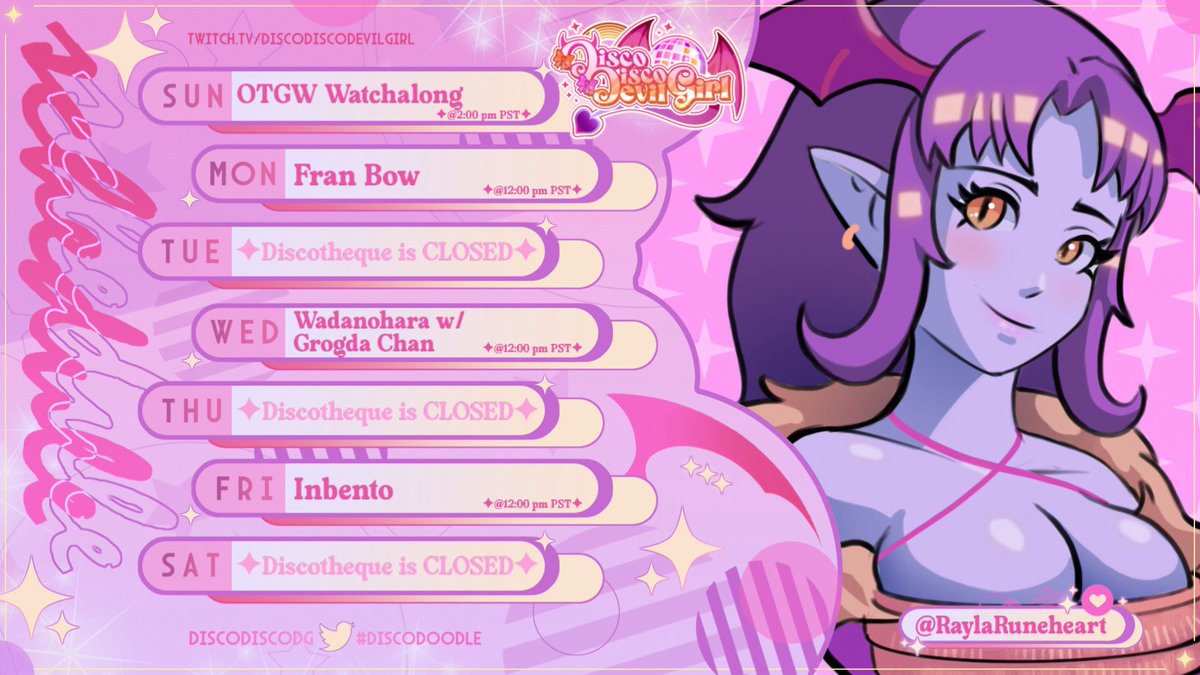 Schedule’s up, lil devils!! 🪩✨
My bf <a href="/JoshTriangles3/">JoshTriangles3 (Moved to Bluesky)</a> gifted me Inbento, a cute game about a mama cat building bento boxes for her kittens!! I’m super excited to try it out :DD