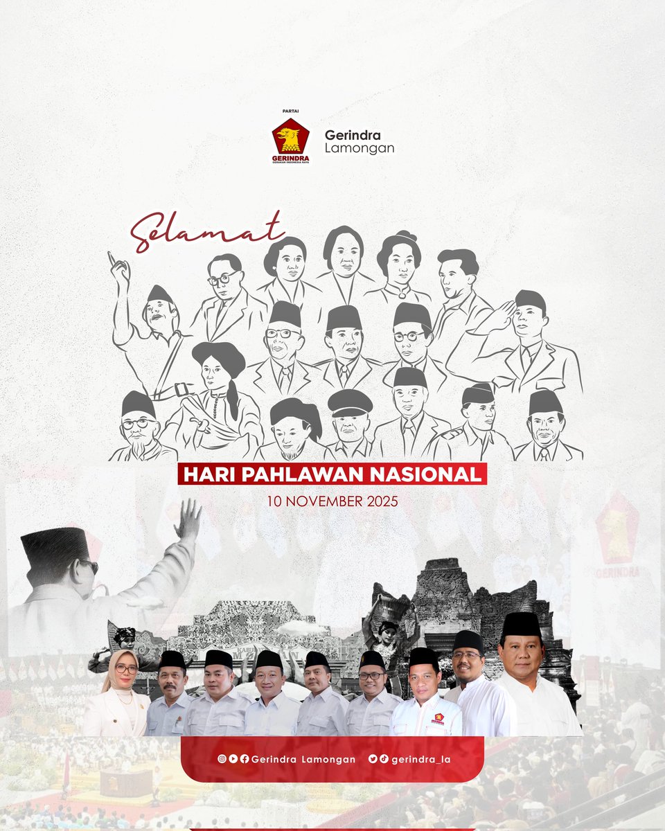 gerindra_la's tweet photo. Selamat Hari Pahlawan 2025! 
Setiap tetes keringat perjuangan pahlawan adalah amanah. Mari kita jaga dan wujudkan Indonesia yang adil dan makmur.

#GerindraLamongan #HariPahlawan #BelaNegara #10Nov #PolitisiSantri #Gerindra #Prabowo https://t.co/k5Op8fYyqT