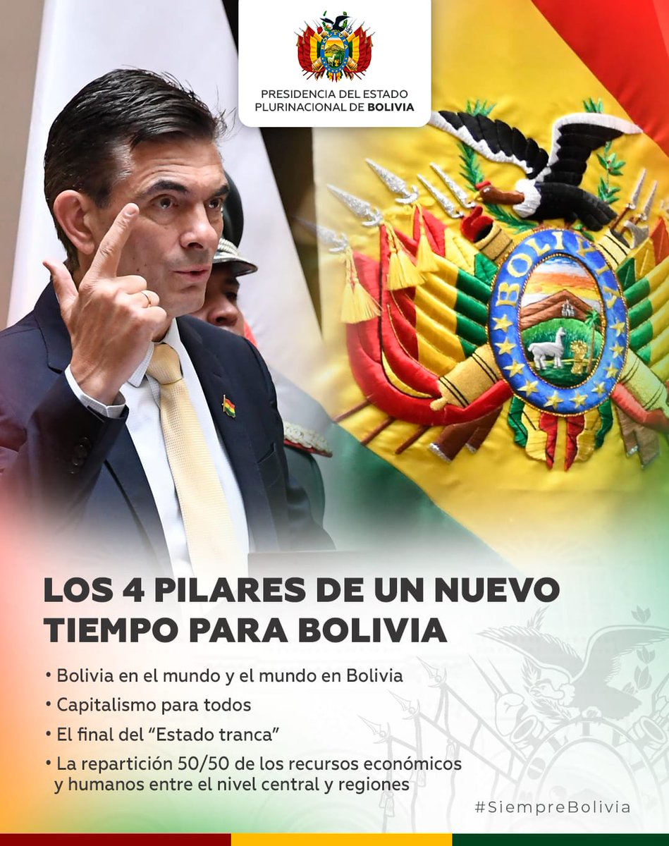 Con compromiso y determinación, el presidente Rodrigo Paz presentó los pilares que guiarán el trabajo de este nuevo tiempo.

Un Gobierno que trabajará día y noche, con humildad y entrega, para abrir las puertas al progreso, la equidad y la unidad.

#SiempreBolivia