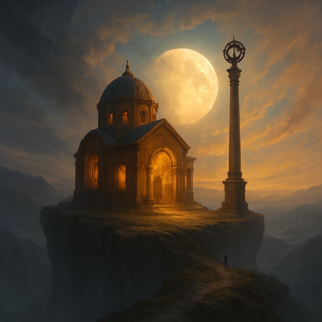 funfungen's tweet image. 🕊琥珀の風聖堂　断崖の上に立つ祈りの殿堂。琥珀光が石を包み、風が記憶を撫でてゆく。満月は静かに見守っていた。
#幻想風景 #聖堂 #琥珀光