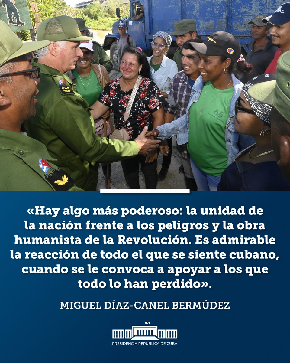 🇨🇺| Presidente <a href="/DiazCanelB/">Miguel Díaz-Canel Bermúdez</a>:

"Hay algo más poderoso: la unidad de la nación frente a los peligros y la obra humanista de la Revolución. Es admirable la reacción de todo el que se siente cubano, cuando se le convoca a apoyar a los que todo lo han perdido".

#DePieYCombatiendo