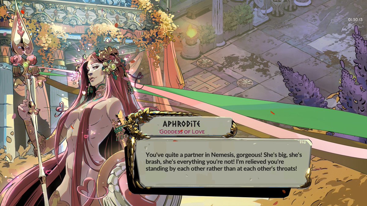 aphrodite on melinoë’s and nemesis being together.. this is so funny SHES BIG! SHES BRASH! she’s everything you’re not…💀