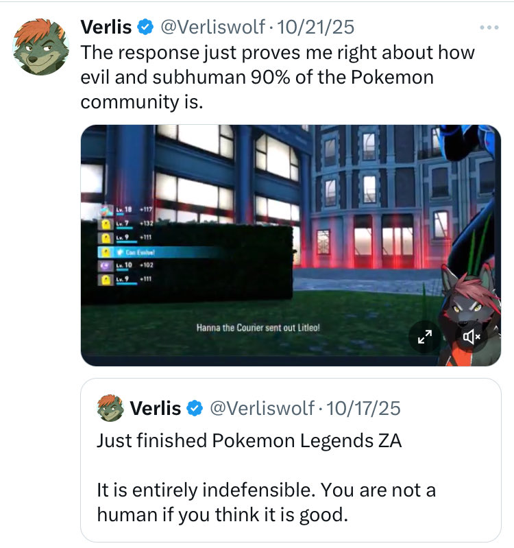 Gamestrom4's tweet photo. Calling us not human, or subhuman, because they actually enjoy a GAME is wild to me. If you don’t like the community @Verliswolf feel free to leave. We don’t want you here anyways. 

Have fun everyone, and be kind to each other unlike this trash.

#pokemon #legendsZA https://t.co/qTEsOLWlXS