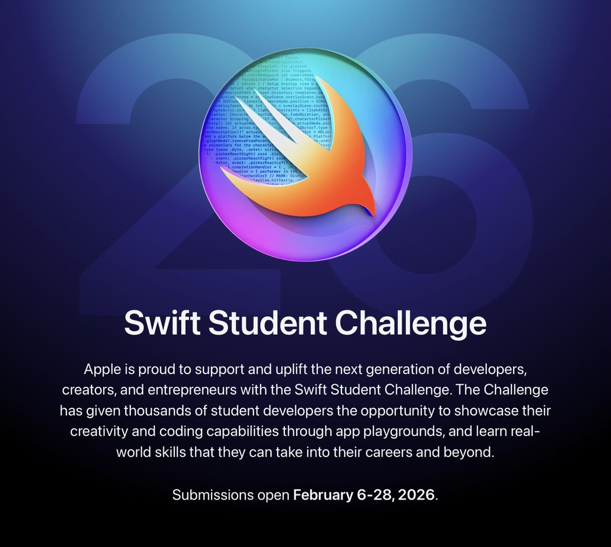 appleforever18's tweet image. Swift Student Challenge 2026 has been announced! Submissions open Feb 6, 2026.
#SwiftStudentChallenge