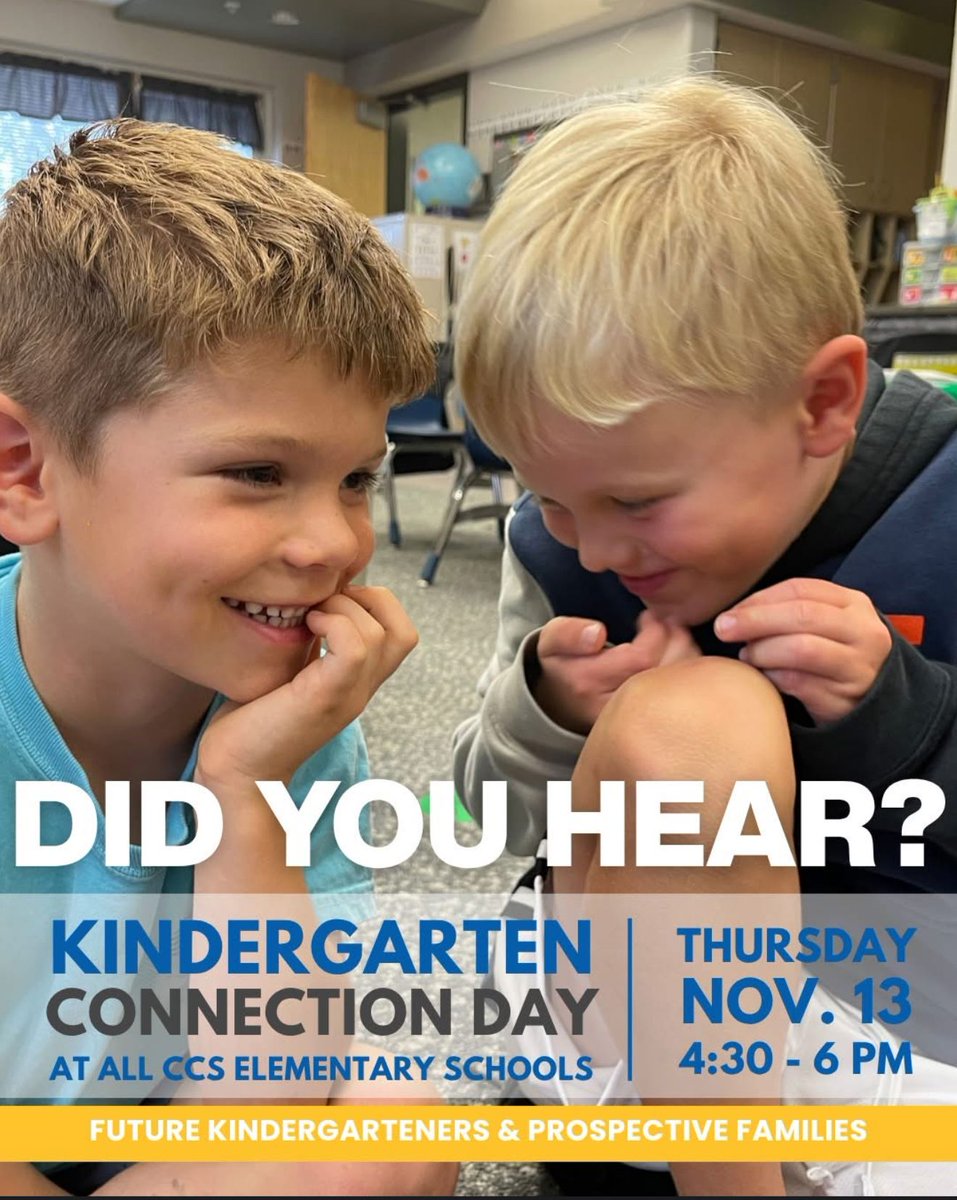 Kindergarten connection day is Thursday, November 13!

Families who have chosen CCS—or are still deciding—are invited to:

🏫 Tour classrooms and the building 
👋🏼 Meet staff and spark excitement for your kindergartner
📝 Learn about registration and next steps