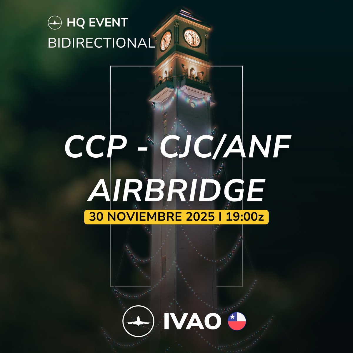 Concepción – Antofagasta/Calama Airbridge 2025
🗓️ 30 NOV 2025 | ⏰ 19z – 23z
📍 SCIE ⇄ SCFA/SCCF

¡Prepara tu plan de vuelo y únete a este Airbridge entre el sur y el norte de Chile!

Más información:
forum.ivao.aero/threads/concep…

-
-
-

#ivao #ivaocl #chile #sim