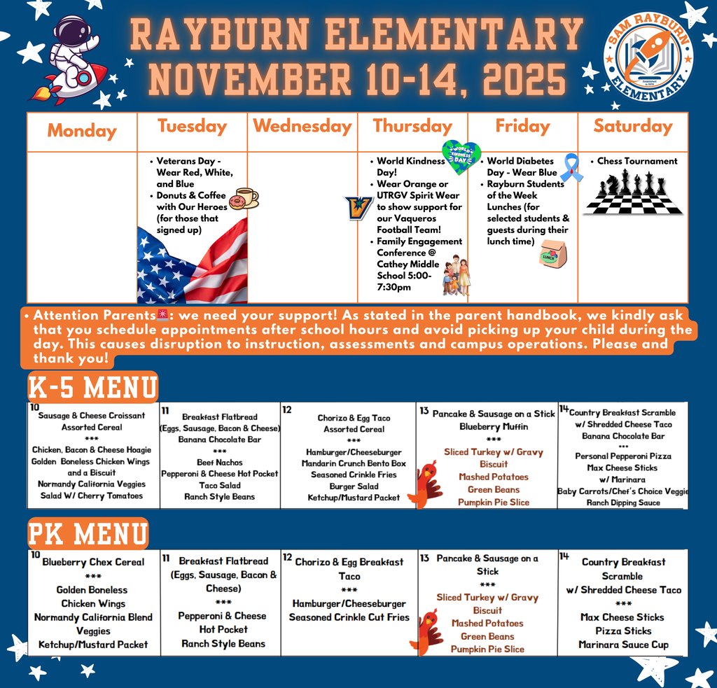 🗓️ Mark your calendars for all the exciting things happening this week at Rayburn Elementary! 🧡💙🚀 November 10-14, 2025