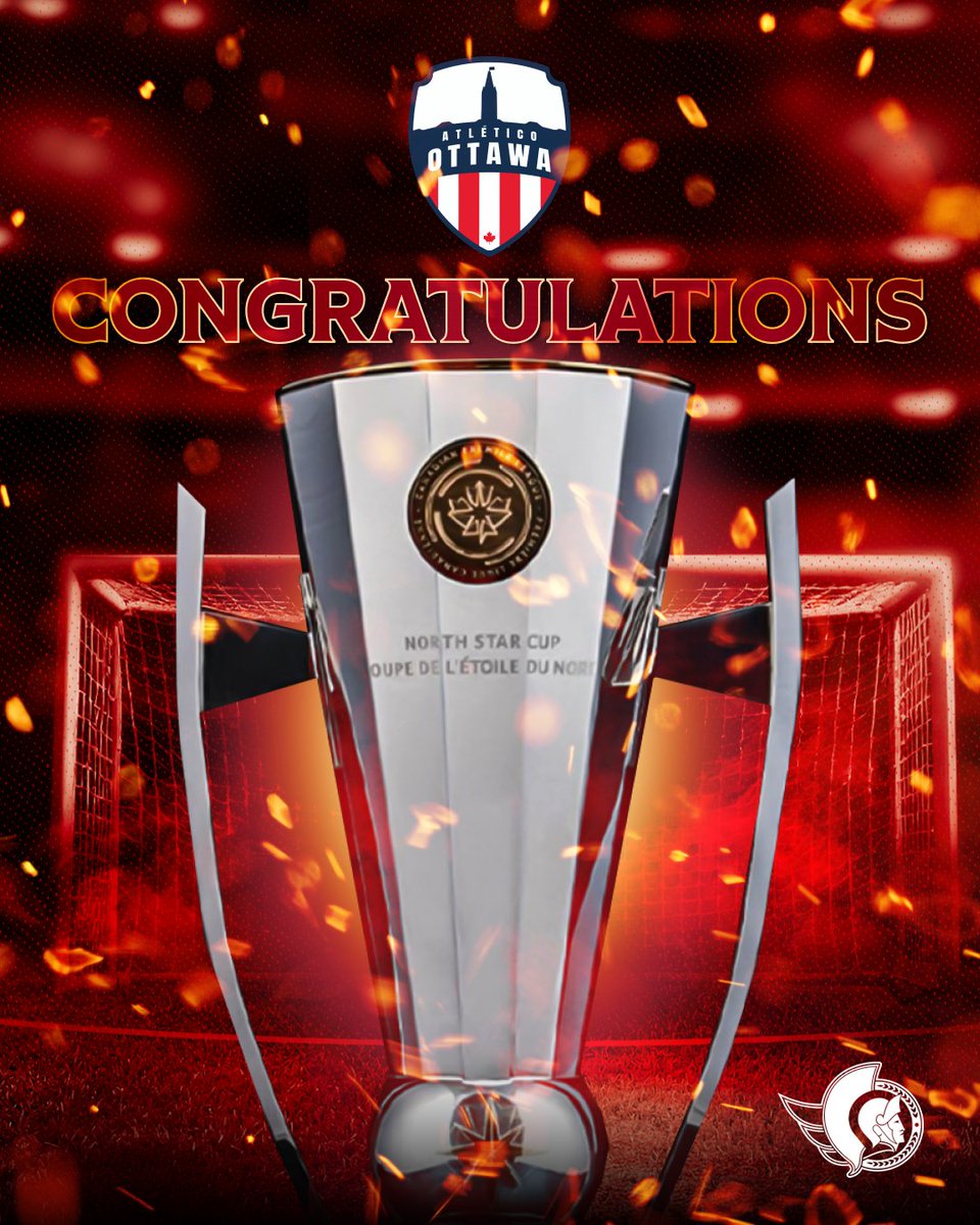 Senators's tweet image. VAMOS @atletiOttawa!

Congratulations on battling the elements and bringing the North Star Cup to Ottawa! 🏆