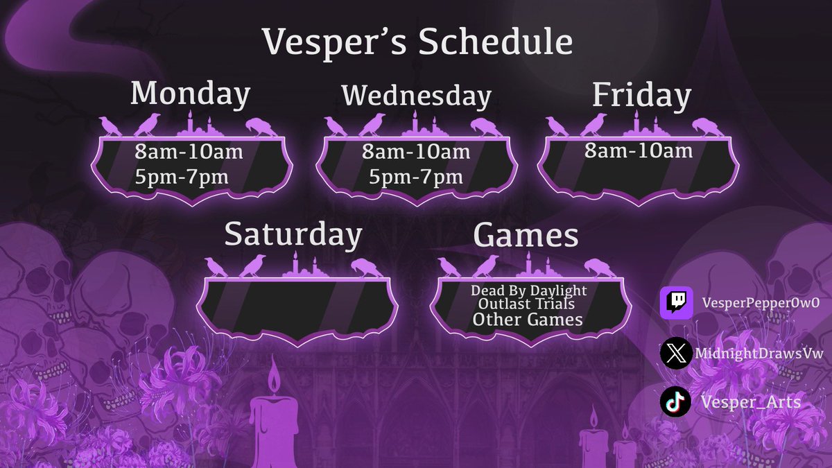 MidnightDrawsVw's tweet image. This weeks schedule ^^

#twitchstreamer #streamtime #streamer 

Panel made by @Vahcyn ^w^