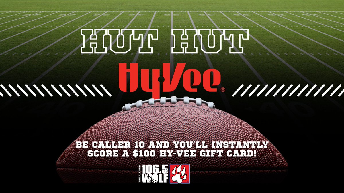 🏈 Hut Hut, HyVee!
Listen to Jenny &amp; Jagger on 106.5 The Wolf 🐺 Nov 10–14, 6–10AM, for your shot at a $100 HyVee gift card!
Hear the cue → Call (913) 933-1065 → Win 💰

audacy.com/_pages/cmhqhey…