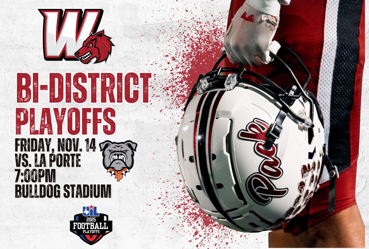 𝘽𝙄-𝘿𝙄𝙎𝙏𝙍𝙄𝘾𝙏 𝙋𝙇𝘼𝙔𝙊𝙁𝙁𝙎

📆 Friday, Nov. 14
Vs. La Porte Bulldogs

🏟️Bulldog Stadium 
📍Texas St, La Porte, TX 77571
⏰ 7:00PM
🎟️ Ticket Link:  lpisdathletics.com/sports/2022/8/…

#𝐖𝐄𝐢𝐬𝐬𝐖𝐨𝐥𝐯𝐞𝐬  |  #𝘼𝘿𝙞𝙛𝙛𝙚𝙧𝙚𝙣𝙩𝘽𝙧𝙚𝙚𝙙
#𝙣𝓦𝙤