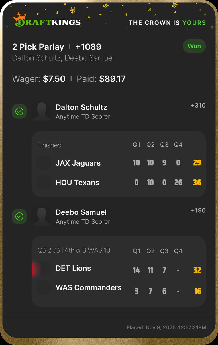 webdevirv's tweet image. This week I put my faith in @PropFinderApp for NFL instead of throwing darts at what I like, and it paid off

+2913 3 leg ✅
+1089 2 leg ✅

Now if only I was crazy enough to play em together $10 would&apos;ve paid $3.5K 🔥
