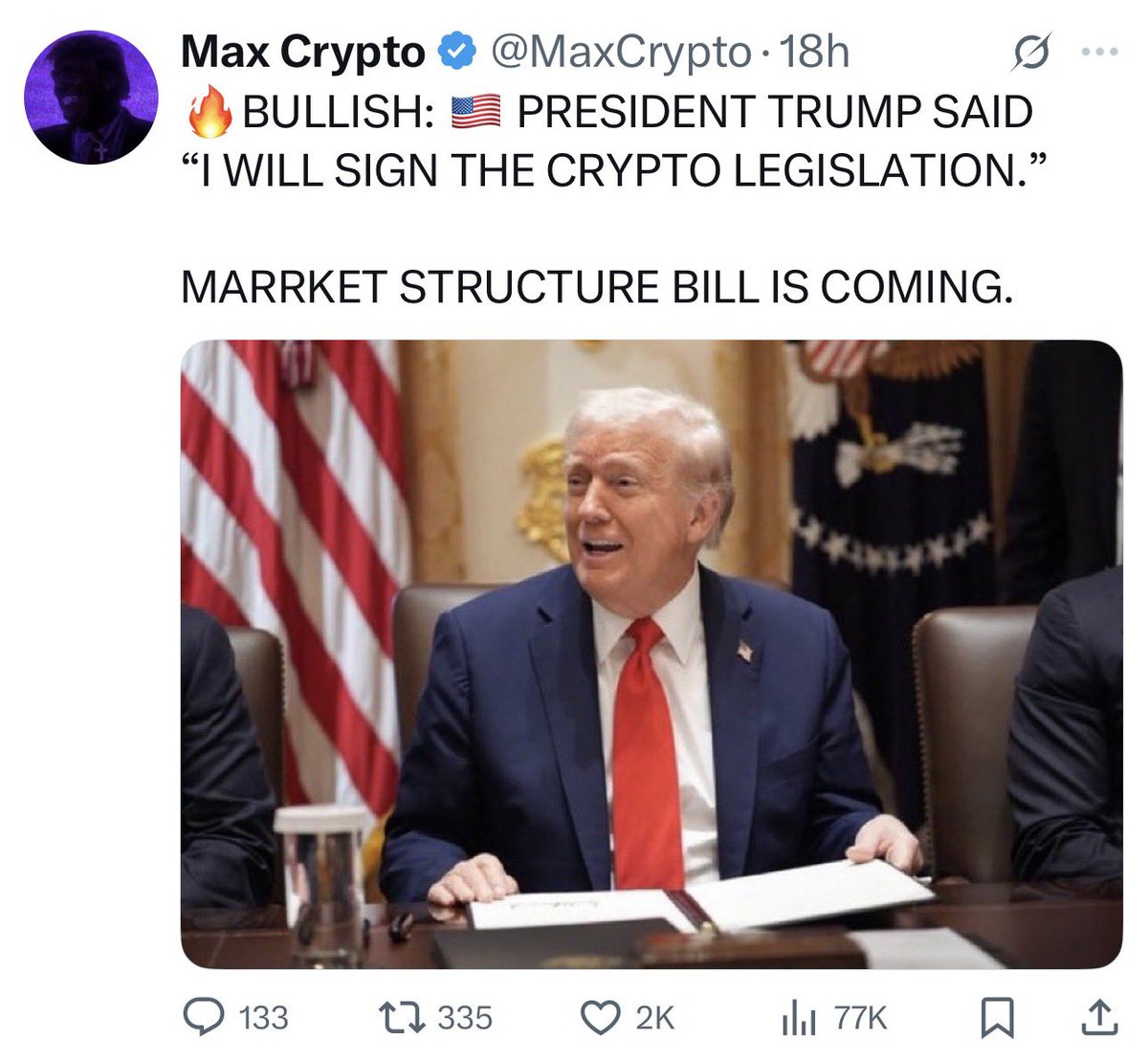 今天川普抽空有宣布一個大消息，將宣布加密貨幣法案。比特幣等應聲上漲。