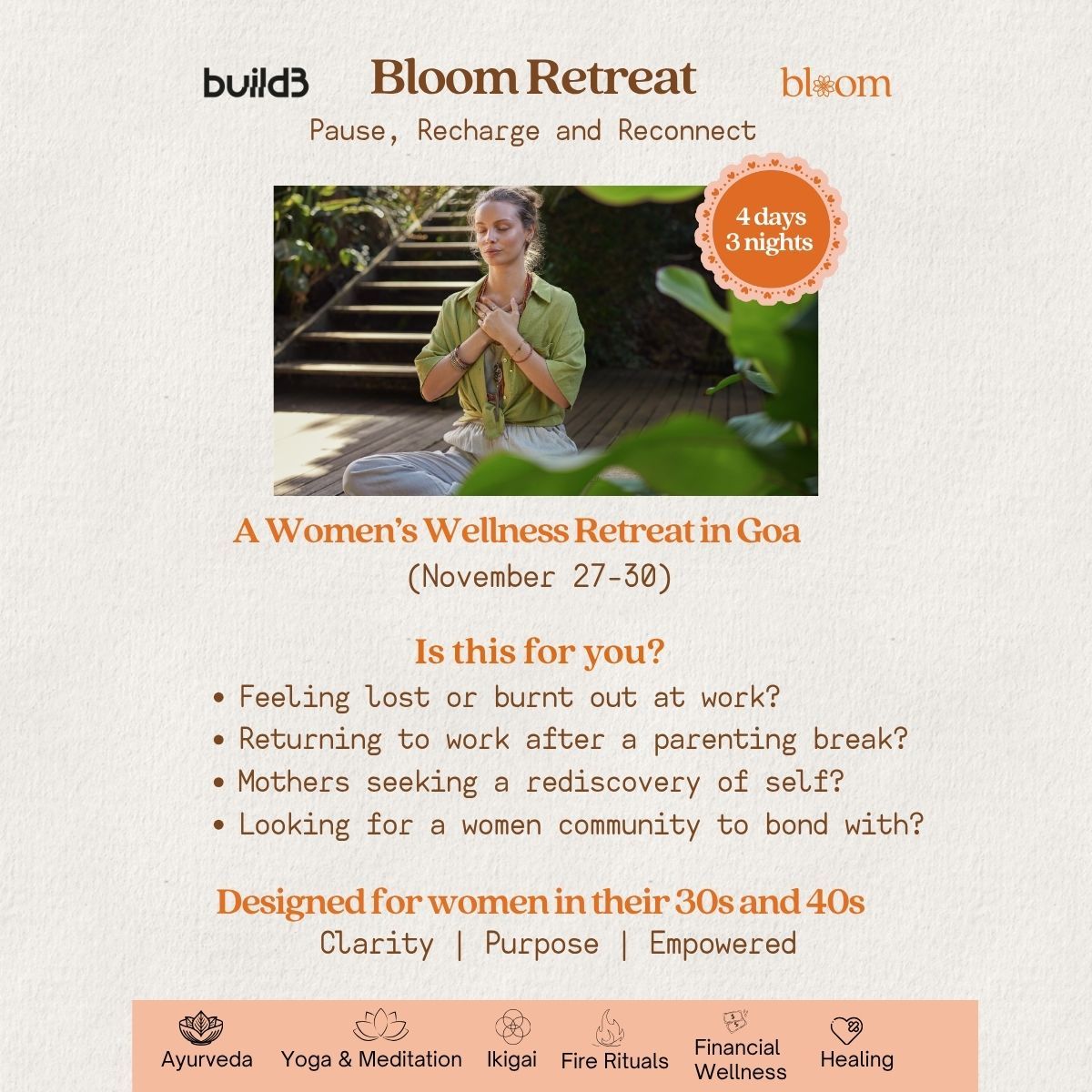 Most women, especially entrepreneurs I work with, are doing it all – but rarely get space to pause and recalibrate.

That’s why Bloom caught my attention: a women-only retreat in Goa with Ayurveda, movement, Ikigai, journaling + real money &amp; identity conversations.

We deserve