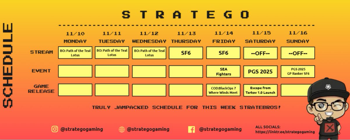 Starting our week with BO: Path of the Teal Lotus
SF6 Streams and SEA Fighters! 
Ending it with PGS 2025 as one of your creators on the event.

Game Launches this week too! 
Escape from Tarkov 1.0
COD BlackOps 7
Where Winds Meet.

#streamer 
#StreamingNow 
#streaming