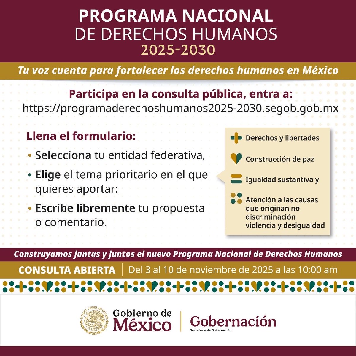 arturomedinap's tweet photo. 📢 ¡Te invitamos a participar en la consulta pública del Programa Nacional de Derechos Humanos 2025-2030!

💻 Ingresa a: https://t.co/OXYSpcAXrC

🗓 Disponible hasta las 10:00 horas del 10 de noviembre.

🤝 La participación ciudadana fortalece los #DDHH en #México. https://t.co/uyyHNU1L0y