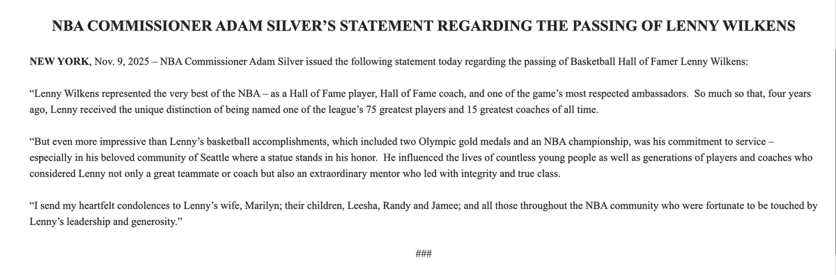 Adam Silver has to put out another statement about a sad loss - this time former Knicks coach and Hall of Famer (and a very nice man) Lenny Wilkens