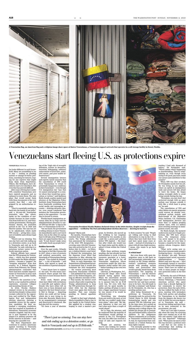 Miles de venezolanos en EE.UU. enfrentan una decisión imposible: quedarse y arriesgar la deportación, regresar al país del que huyeron o empezar de nuevo en otro lugar.

La tragedia que viven tras la cancelación del TPS en la primera plana del <a href="/washingtonpost/">The Washington Post</a>.