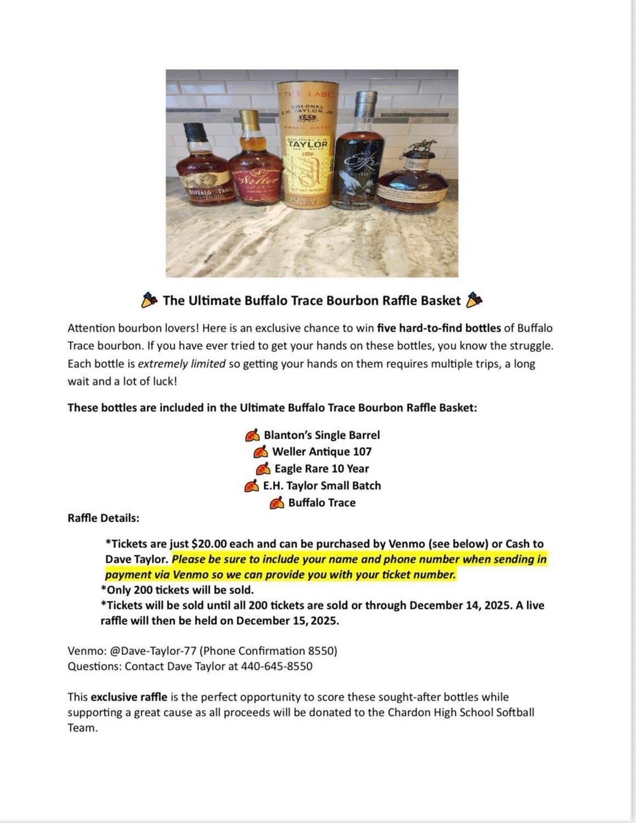Buffalo Trace Bourbon Raffle to benefit the Chardon High School Softball Team -

🎟️ Only 200 tickets available at $20 each
💰 All proceeds go to the team for uniforms, equipment, and travel
