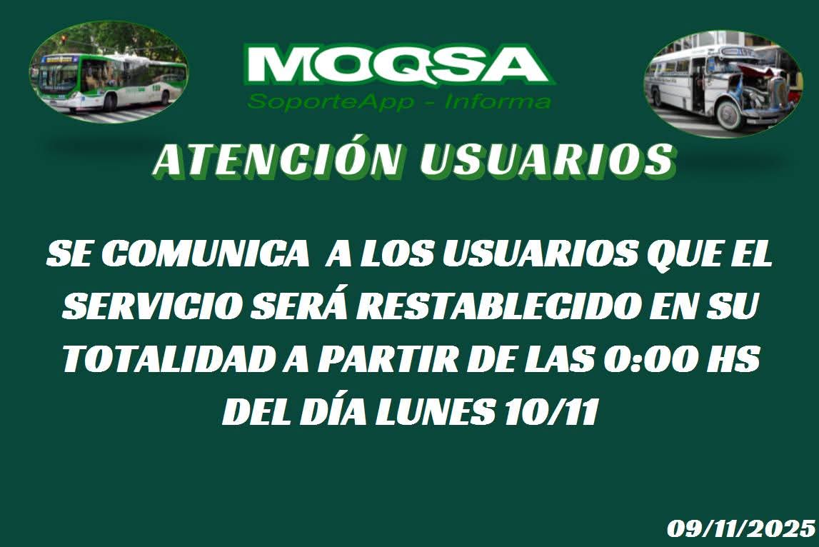 159MOQSA's tweet photo. Se reestablece el servicio desde las 00:00 hs https://t.co/CfAkxy8sbY