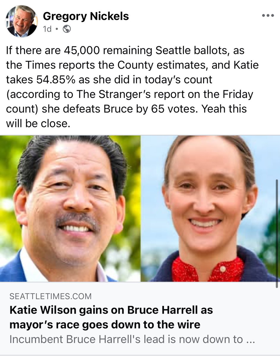 Many people think this race could be decided by only a handful of votes (here’s former Seattle mayor Greg Nickels). Have YOU checked to make sure that yours was counted? Check our link in bio to check on your vote with King County elections!