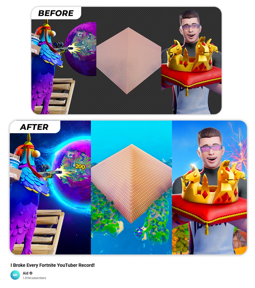 easkateconcepts's tweet image. &quot;I Broke Every Fortnite YouTuber Record!&quot; - Thumbnail for @usecodeaid!

before &amp;amp; after✏️

#FortniteArt